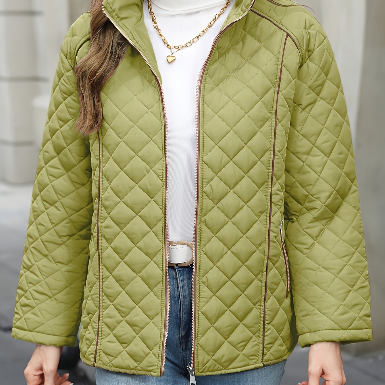 Women's plus size casual quilted outerwear with stand collar, zipper, and long sleeves. Made of 100% non-stretch solid woven polyester for fall/winter.