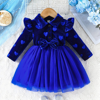 Royal Blue Girls' Velvet Heart Pattern Mesh Tutu Dress with Ruffled Sleeves & Button-Up Front - Cute Princess Style for Spring/Fall, Machine Washable, Princess Themed Clothing with Sequin