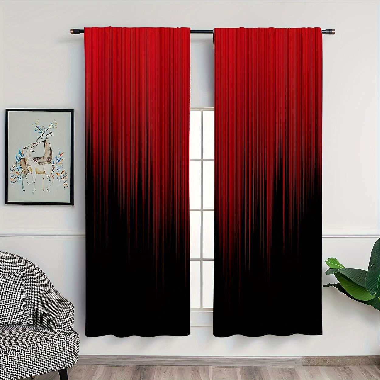 Set of 2 Polyester Red Black Gradient Stripe Design Printed Curtains, Perfect for Bedroom, Office, Kitchen, Living Room, and Study. Features Rod Pocket Window Treatment for Home and Room Decor. Easy to hang on any rod.