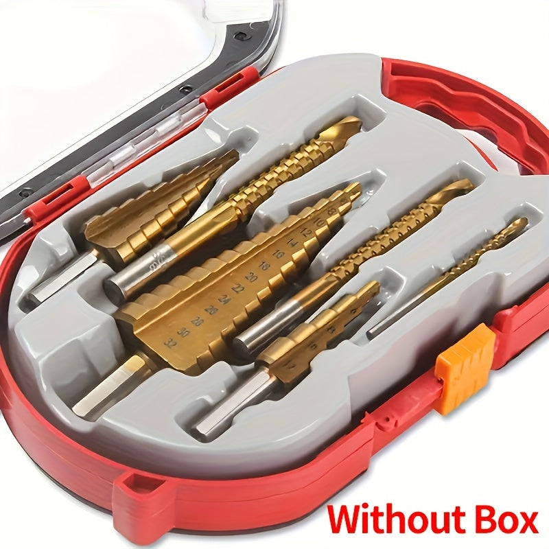 Titanium step drill bit set with 6 pieces in mixed sizes for versatile woodworking and metalwork, includes storage case.