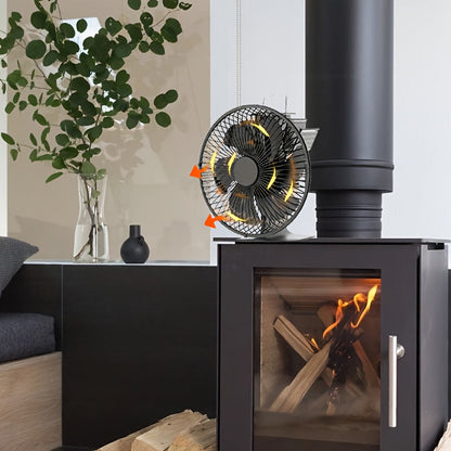 The fireplace fan is both quiet and powerful, featuring a protective cover and thermoelectric blade for even heat distribution. It also has an auto-shutoff function for high temperatures and a sturdy metal construction.