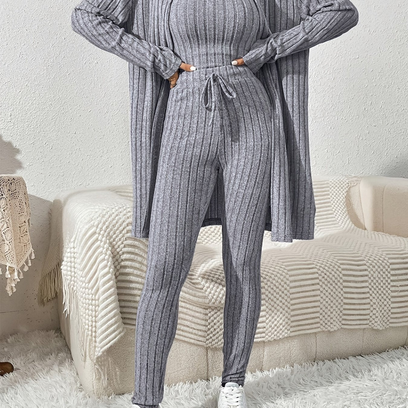 Fall and winter casual loungewear set for women, including a cardigan, camisole, and pants.