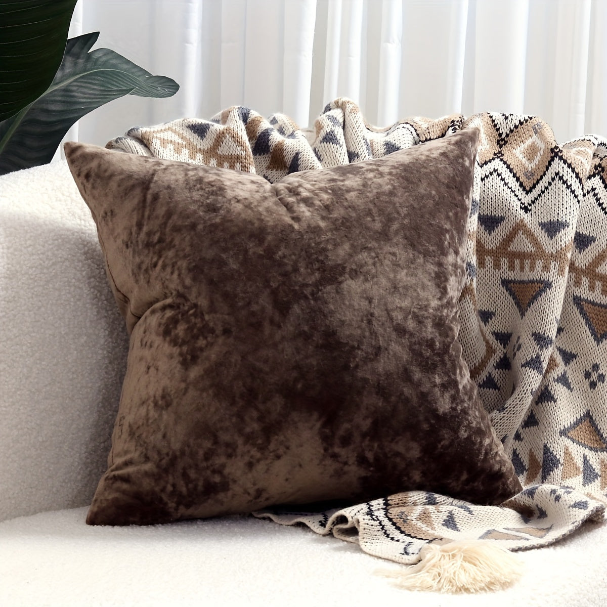 Luxurious velvet throw pillow cover with speckled texture, perfect for sofa and bed. Contemporary style with zip closure, machine washable. Made of 100% polyester.