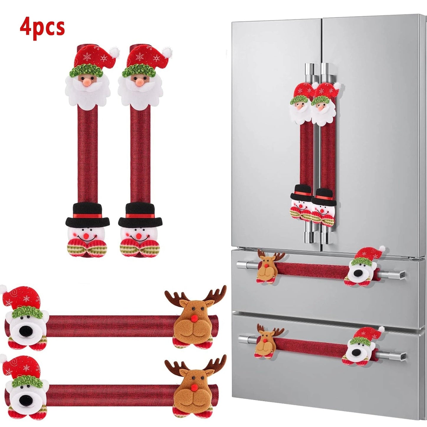 Get ready for the holidays with this set of 4 or 8 Christmas kitchen appliance handle covers featuring Santa and Snowman designs. These protective gloves are perfect for covering refrigerator, microwave, oven, and dishwasher doors. Add a festive touch to