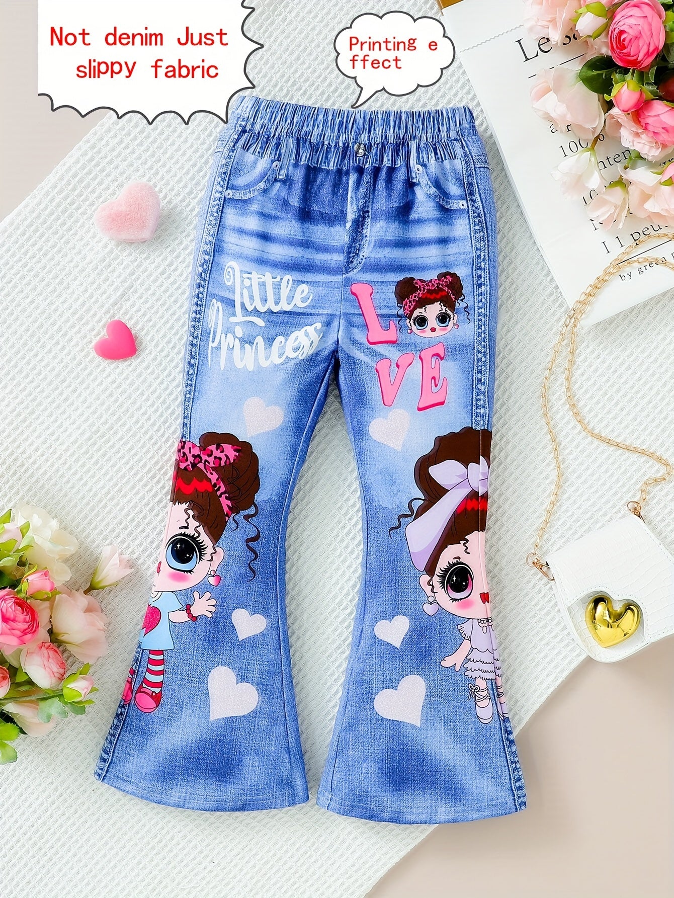 Imitation denim print flare pants with cartoon girl graphic, faux pockets for party gift.