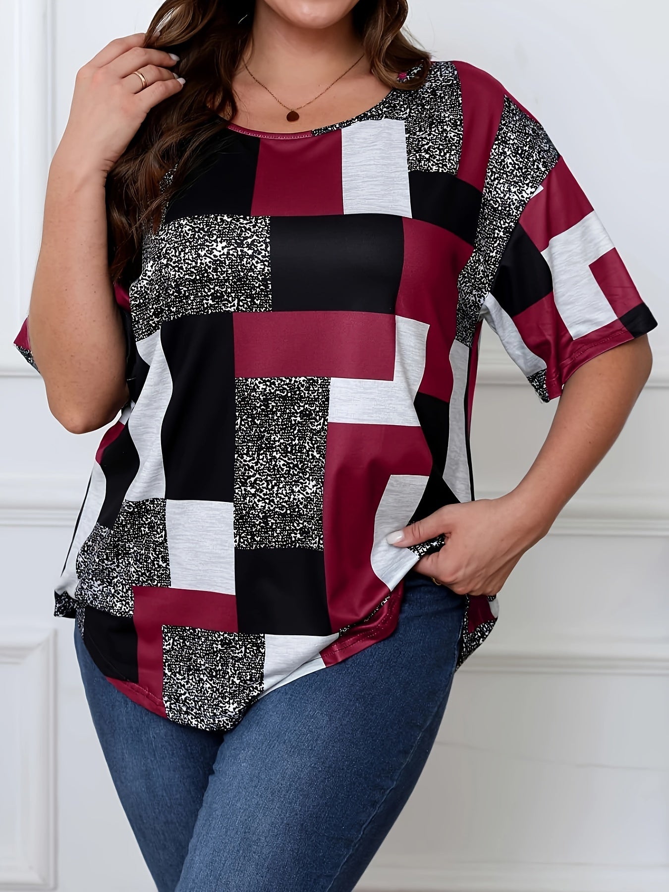 Patchwork print tee for plus size women, perfect for spring and summer.