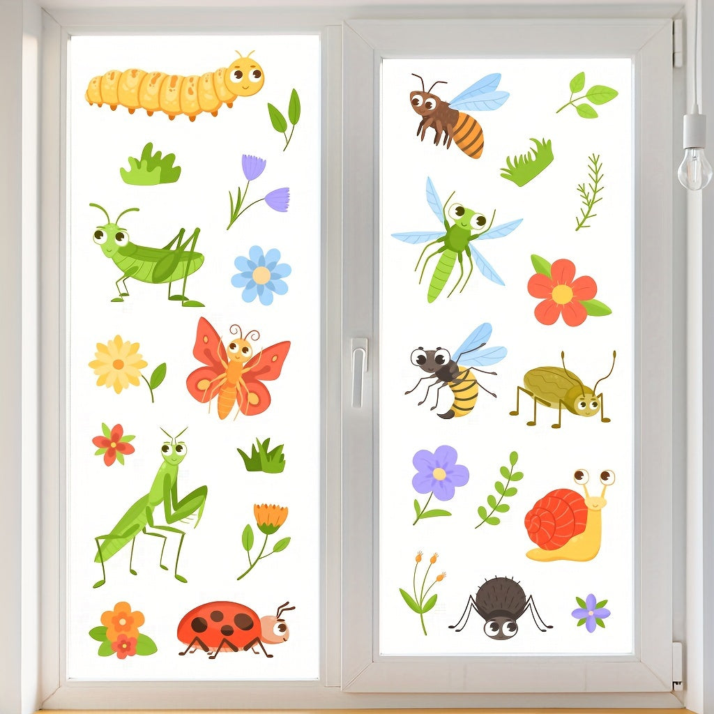 Two static electricity glass stickers featuring cartoon insects and flowers with intricate detailing. These decorative stickers are detachable and designed for glass windows measuring 29.97cm x 20.07cm.