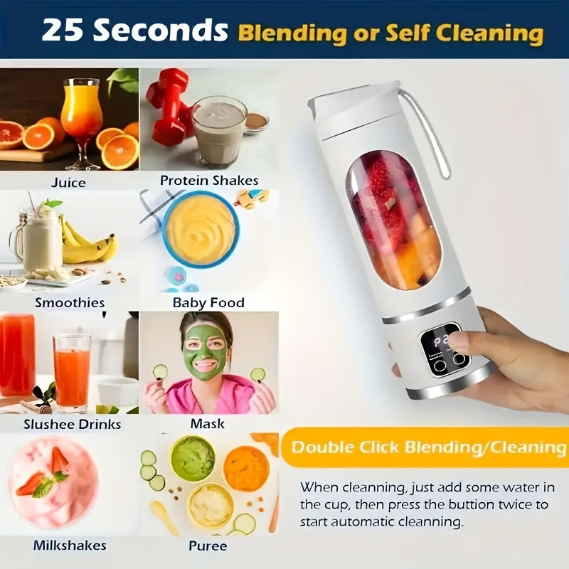 A versatile USB charging juicer blender with a digital display. Features include a 15.2 ounce capacity, 12 blades for powerful blending, 3 gears for customizing textures, ice crushing capability, low noise operation, easy cleaning, long battery life