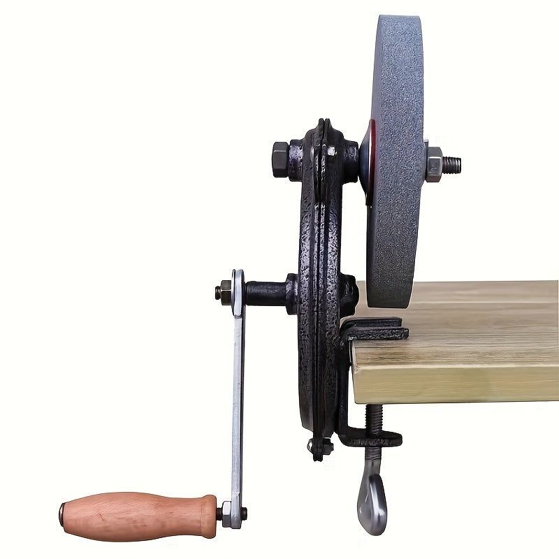 Manual hand crank sharpener with dual fine and coarse grit options for knives and scissors, made of durable metal construction and requires no power.