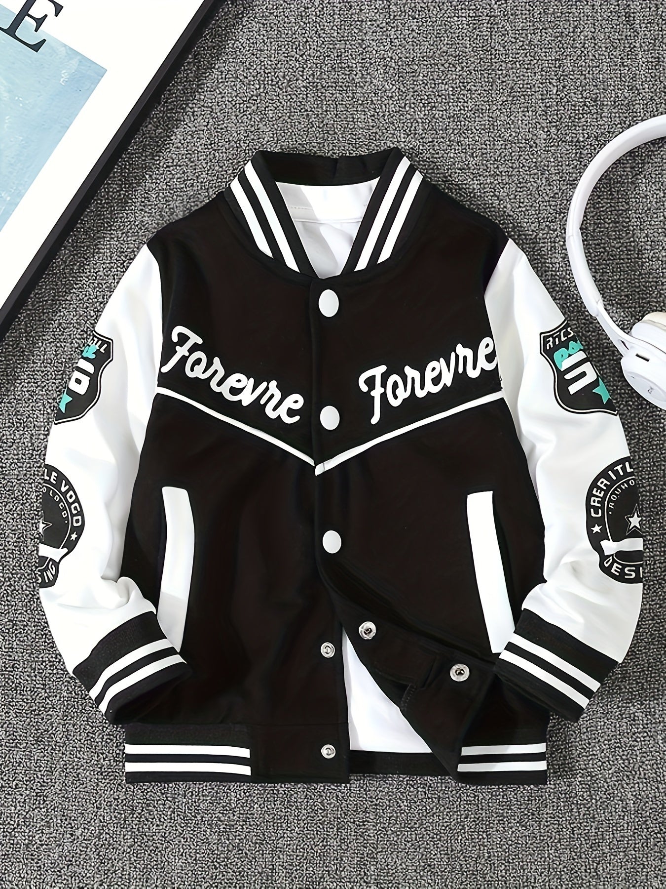 Boys Long Sleeve Varsity Baseball Jacket with Letter Graphic and Color Block Design, Drop Shoulder Style, No Hoodie