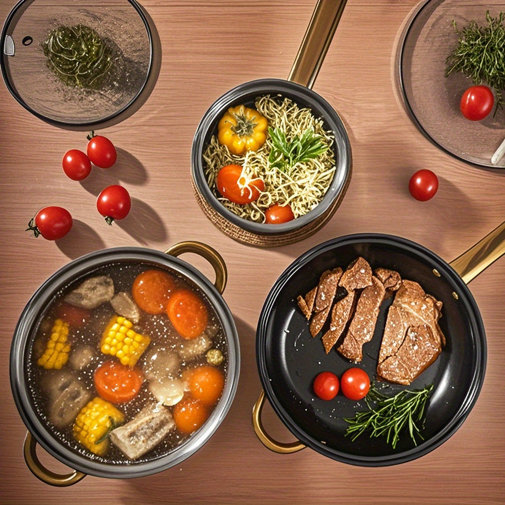 Cook with ease using this 18-piece premium stainless steel cookware set, complete with non-stick pots, golden handles, and utensils. Perfect for steaming, frying, and boiling, this essential kitchen gear is durable and stylish. Upgrade your cooking tools