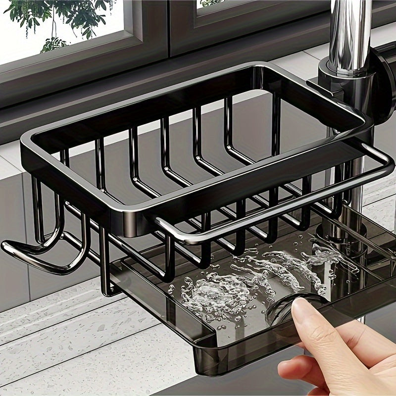 Introducing a versatile kitchen sink storage solution: a multifunctional hanging basket made of durable space aluminum. Complete with a convenient cloth holder and a draining tray, perfect for various household tasks.