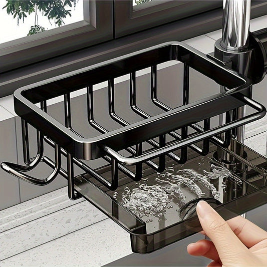 Introducing a versatile kitchen sink storage solution: a multifunctional hanging basket made of durable space aluminum. Complete with a convenient cloth holder and a draining tray, perfect for various household tasks.