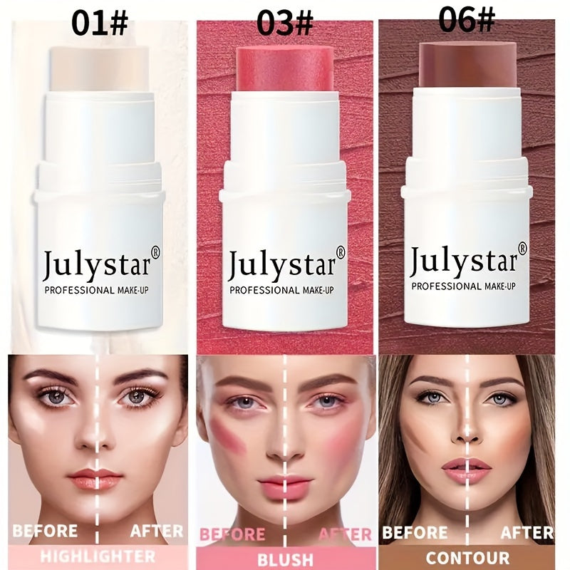 JulyStar 4-Piece Contour Stick Set with Highlighter, Blush & Bronzer and Golden Powder Brush - Waterproof Cream for All Tones, Shimmery Medium Coverage, Under 1 Fl Oz