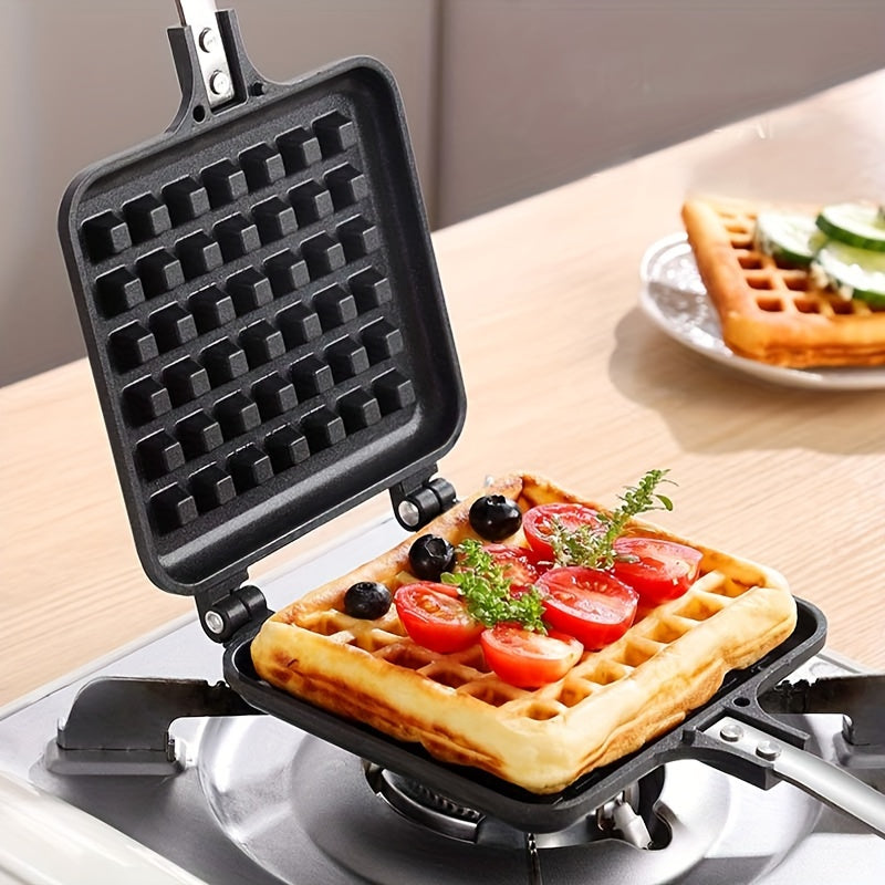 Square waffle maker for gas stovetops, perfect birthday gift for cooking enthusiasts.