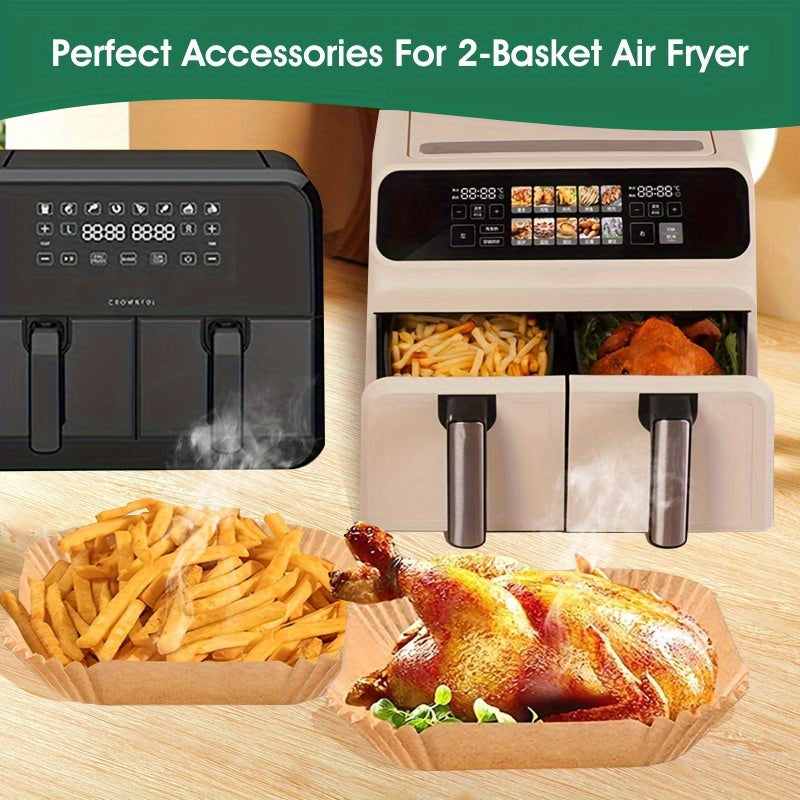 Get a pack of 50/100 brown kraft paper air fryer liners for mess-free cooking. These non-stick, oil, and waterproof disposable sheets are perfect for baking and healthy cooking in RVs and ovens. They are ideal for preparing fried foods such as chicken