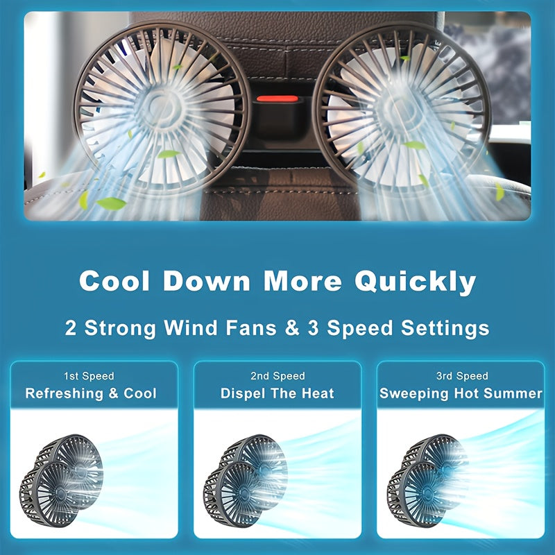 Compact car fan with dual-head rear seat design, providing powerful airflow with 5 blades and 360-degree rotation. Offers large air volume and operates quietly, with easy clip installation and foldable design that hides under the headrest. Removable for