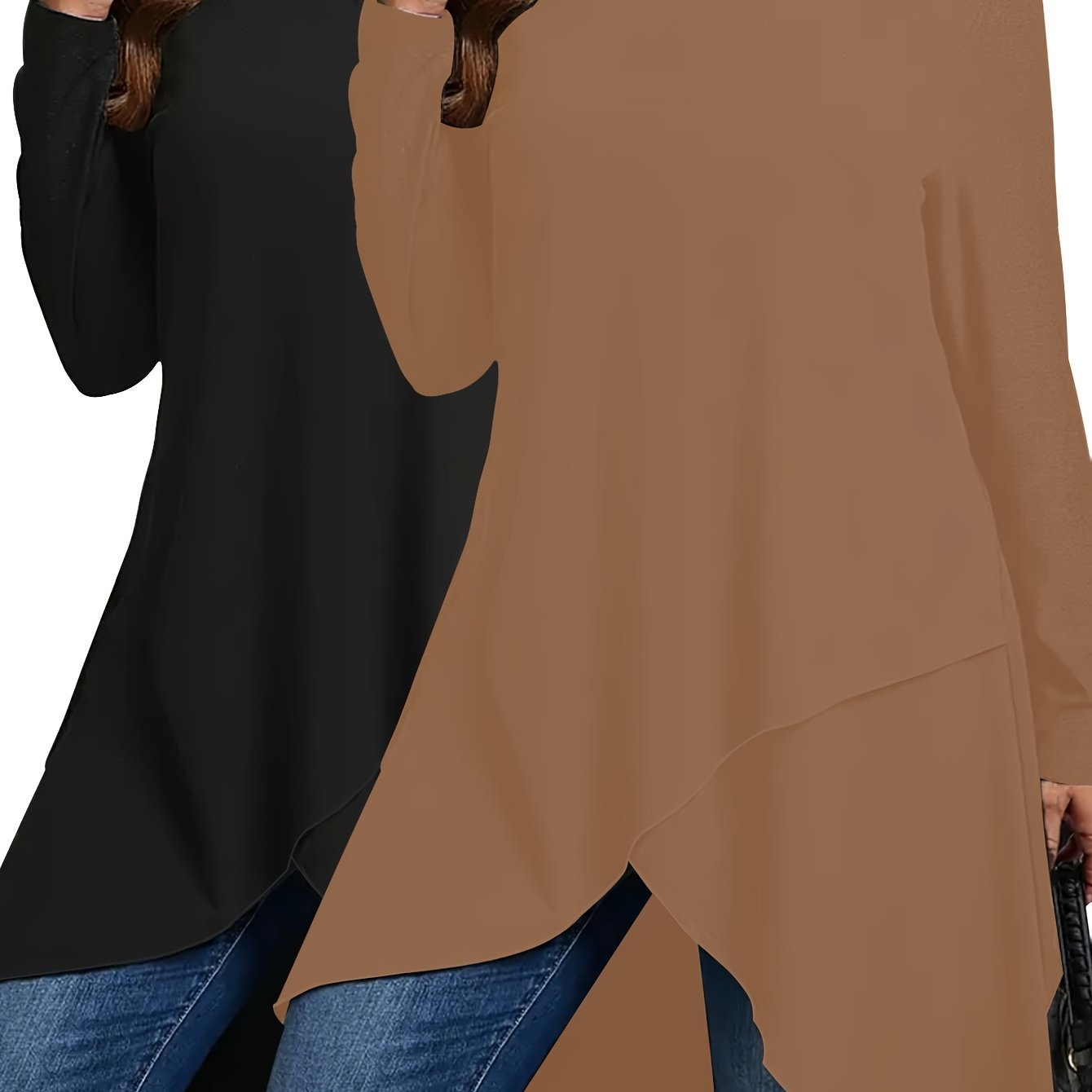 2 Solid Color Long Sleeve T-shirts, Polyester Tops with Crew Neck and Slight Stretch for Women's Spring/Summer/Fall attire.