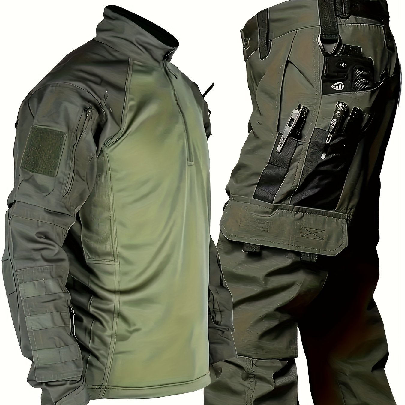 Men's Tactical Camo Gear Set: Includes breathable long-sleeve jacket and multi-pocket cargo pants made of durable polyester for outdoor and military enthusiasts.