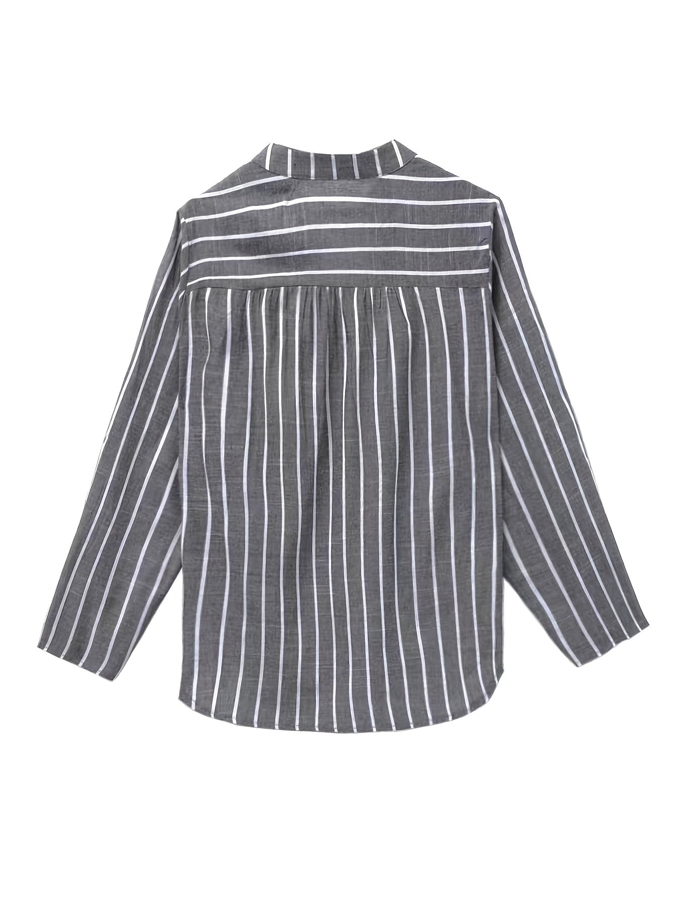 Plus Size Stripes Print Blouse featuring V Neck, Button Front, Long Sleeve, Pocket. Ideal for Spring & Fall. Women's Plus Size Clothing.