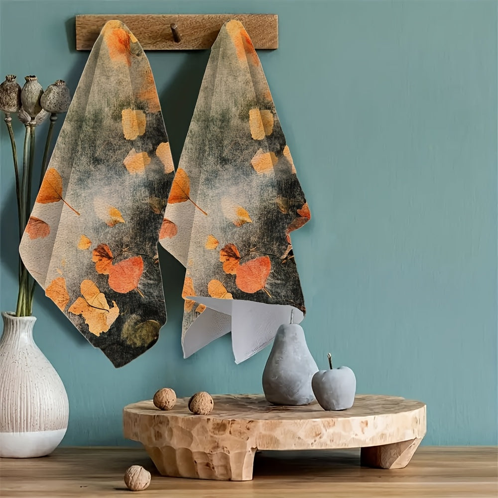 Set of 2 Coastal-Inspired Kitchen Towels measuring 40.64x60.96 cm, made of Super Absorbent Polyester Knit Fabric. These Machine Washable dish towels feature a Contemporary Leaf Design, perfect for Holiday Decor.