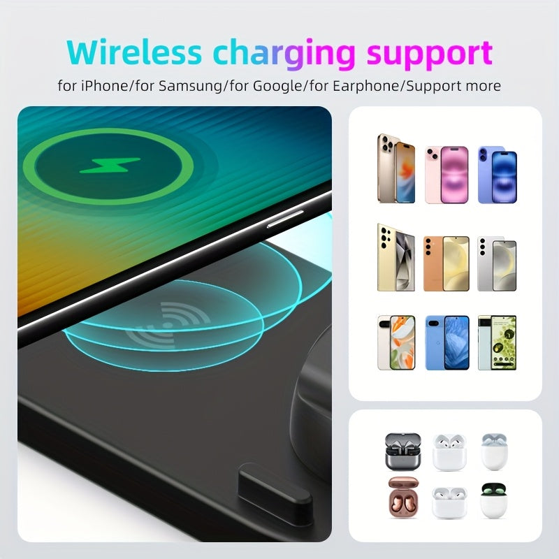 15W wireless charger for iPhone and Samsung devices, AirPods, and iWatch.