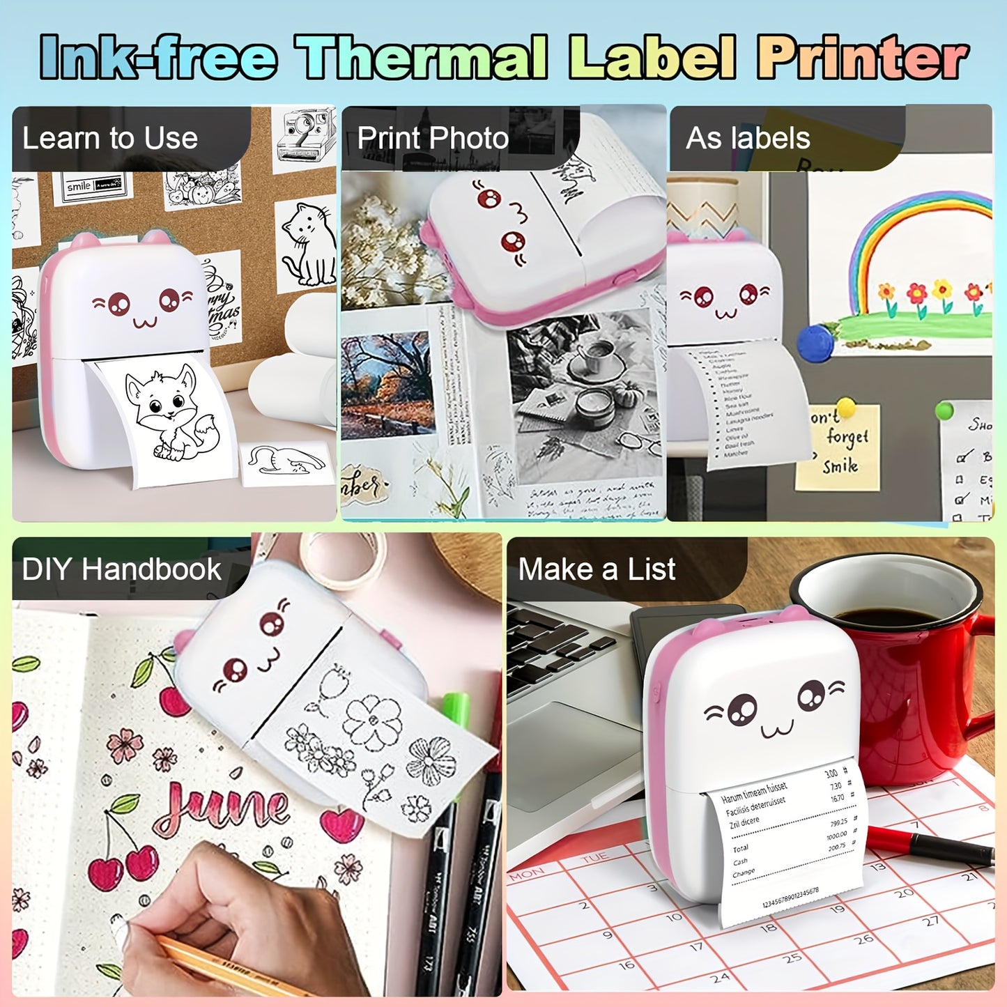 Mini Label Printer uses thermal printing, has single color output, is USB charged, compatible with iOS & Android, has 1200mAh rechargeable lithium battery, wireless connectivity, for