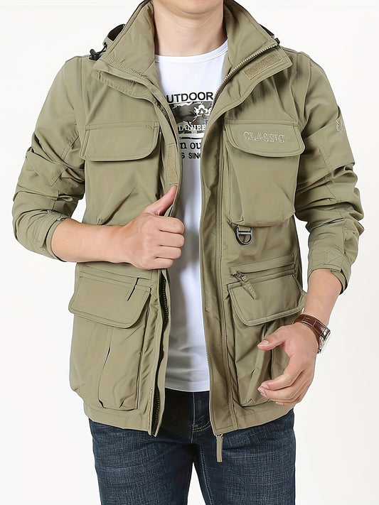 Men's Loose Solid Jacket with Multi Pockets for Spring/Fall.