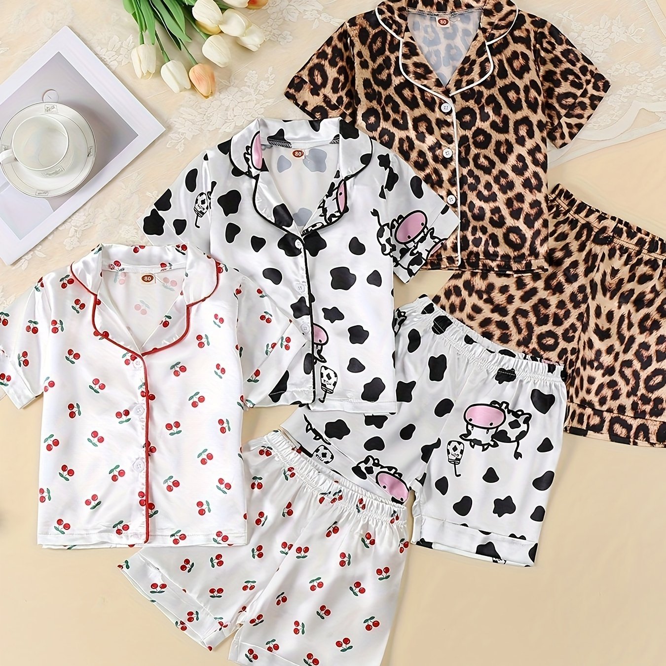 3-piece girl's ice silk clothing set features cute cow, rabbit, and leopard print. Comfortable and skin-friendly for daily wear.