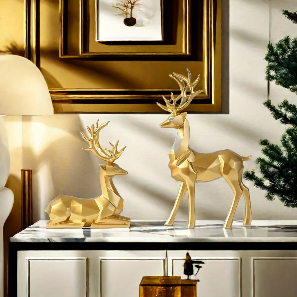 Golden reindeer ornament set for Christmas decor, ideal for office or home display. Great gift for Thanksgiving.