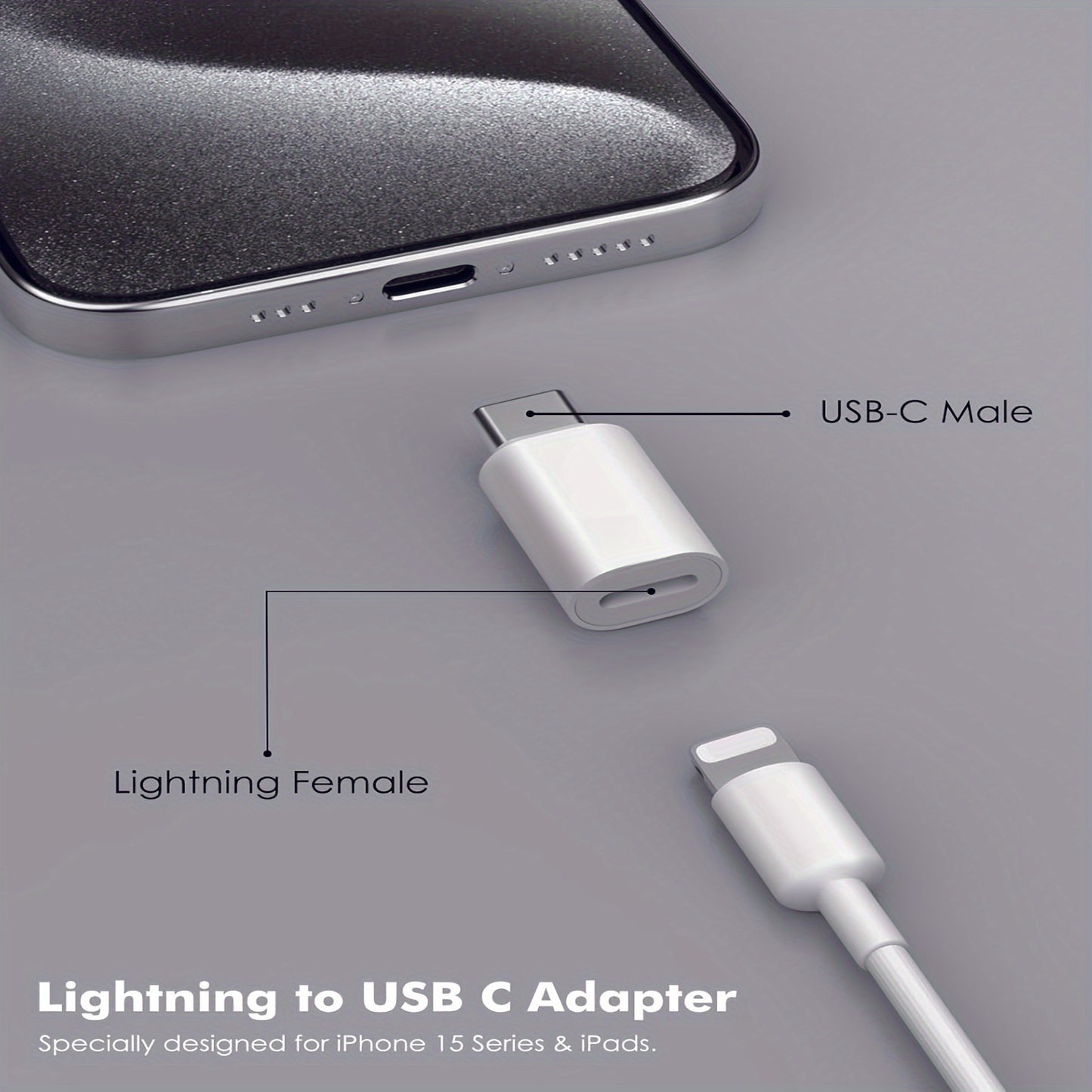 Адаптер Lightning Female на USB C Male в комплекте из 2-х частей для зарядки и передачи данных.