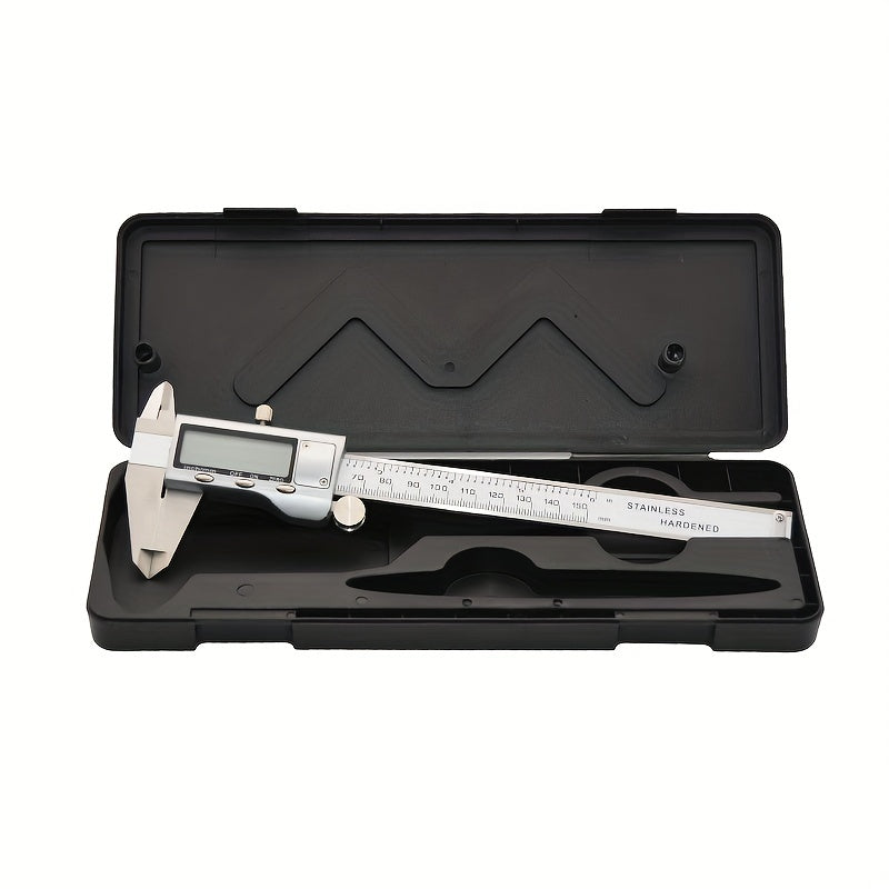 A 150mm stainless steel digital caliper with LCD display, also known as a 6-inch electronic vernier caliper, is a golden measuring tool with a digital caliper and thousandth scale ruler