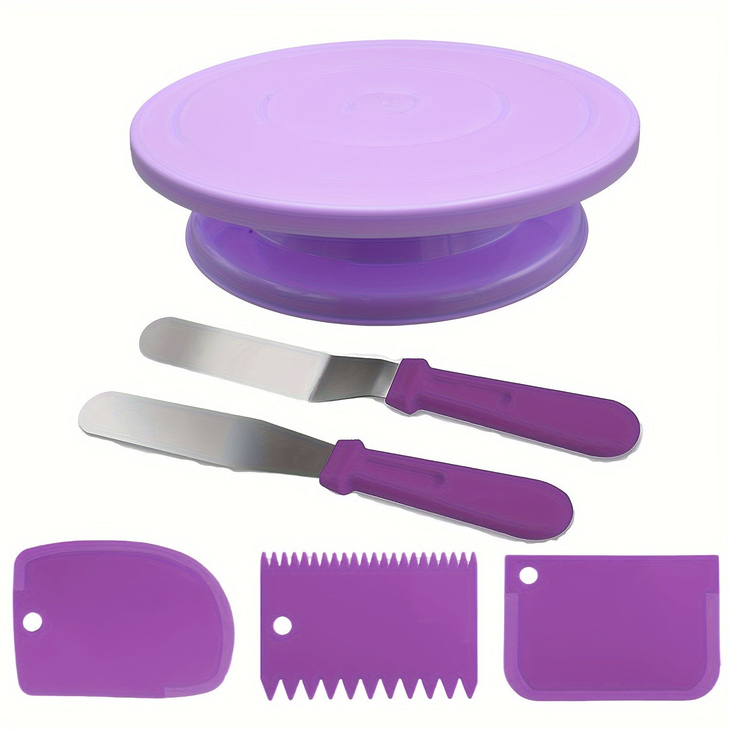 Cake turntable set with 6 pieces, including 1 cake turntable, 3 cream scrapers, and 2 cream scrapers. These cake tools and cream tools are perfect for baking and decorating paper cupcake, cookies, and more. A must-have kitchen gadget for Christmas