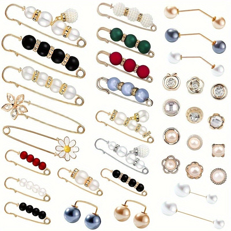 Set of 35 elegant assorted brooch pins in metal featuring fashionably irregular shapes for adding embellishments to dresses, sweaters, hats, and bags. A minimalist and chic accessory collection.