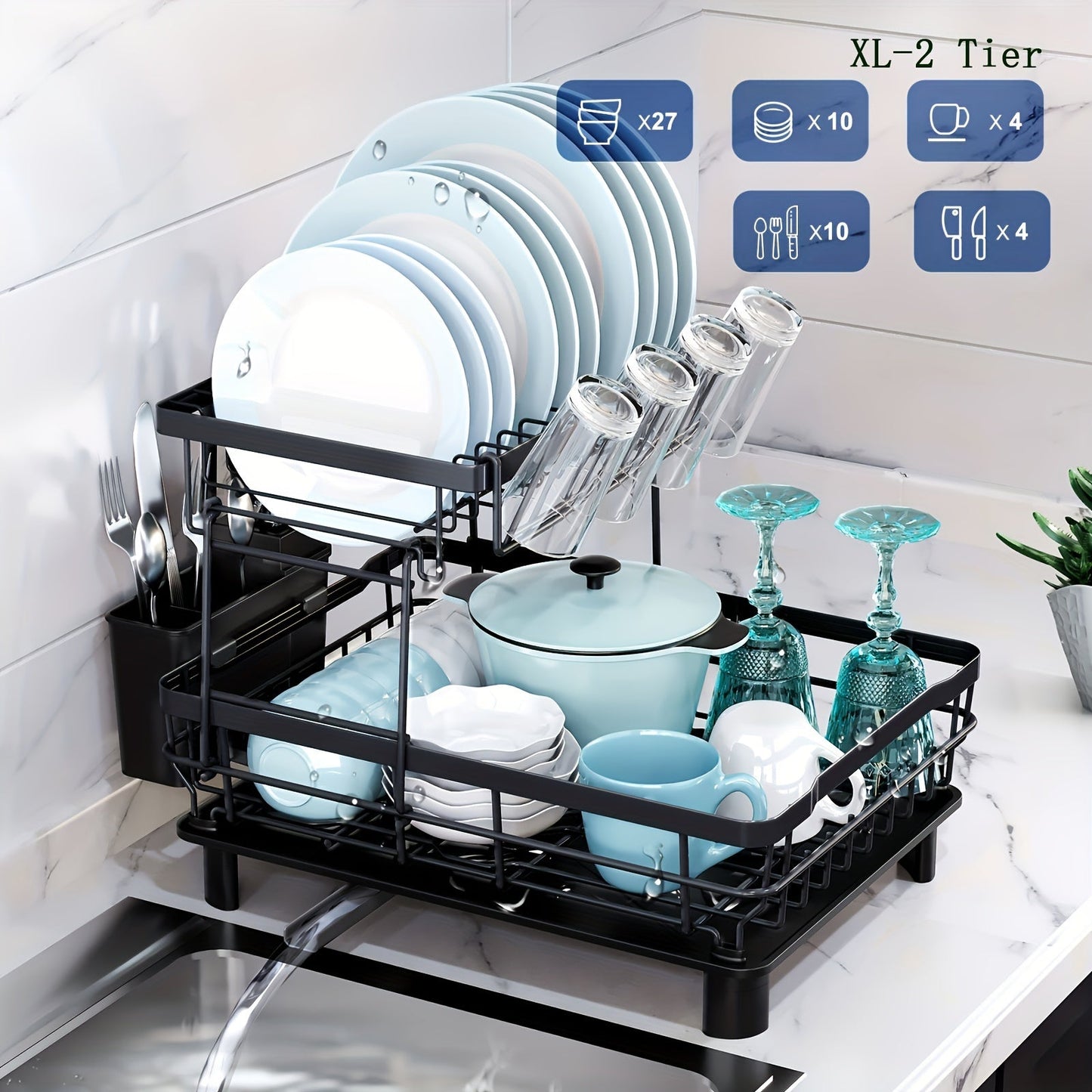 Large black dish drying rack with drainboard, adjustable spout, utensil holder, and knife slots. Perfect for organizing your kitchen counter, made of durable metal and plastic. Ideal dish drying rack for your kitchen counter.