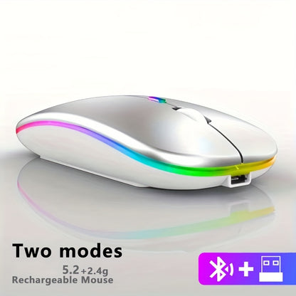 Dual mode 5.1+2.4g wireless gaming mouse with USB recharge capability, silent backlight, and ergonomic design for laptops.