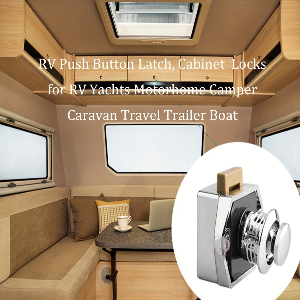 5 RV push button cabinet latches for RVs, yachts, motorhomes, campers, caravans, travel trailers, and boats.