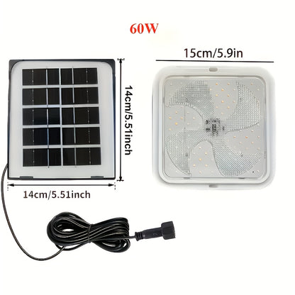 200W Solar-Powered LED Ceiling Light with Remote Control for indoor and outdoor use in various locations.