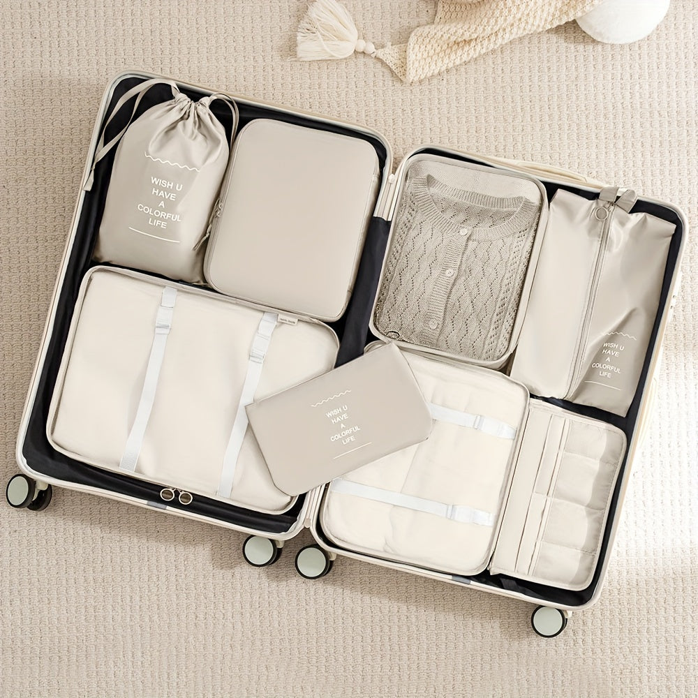 7 lightweight packing cubes for suitcases, ideal for organizing travel items and clothing for men and women.