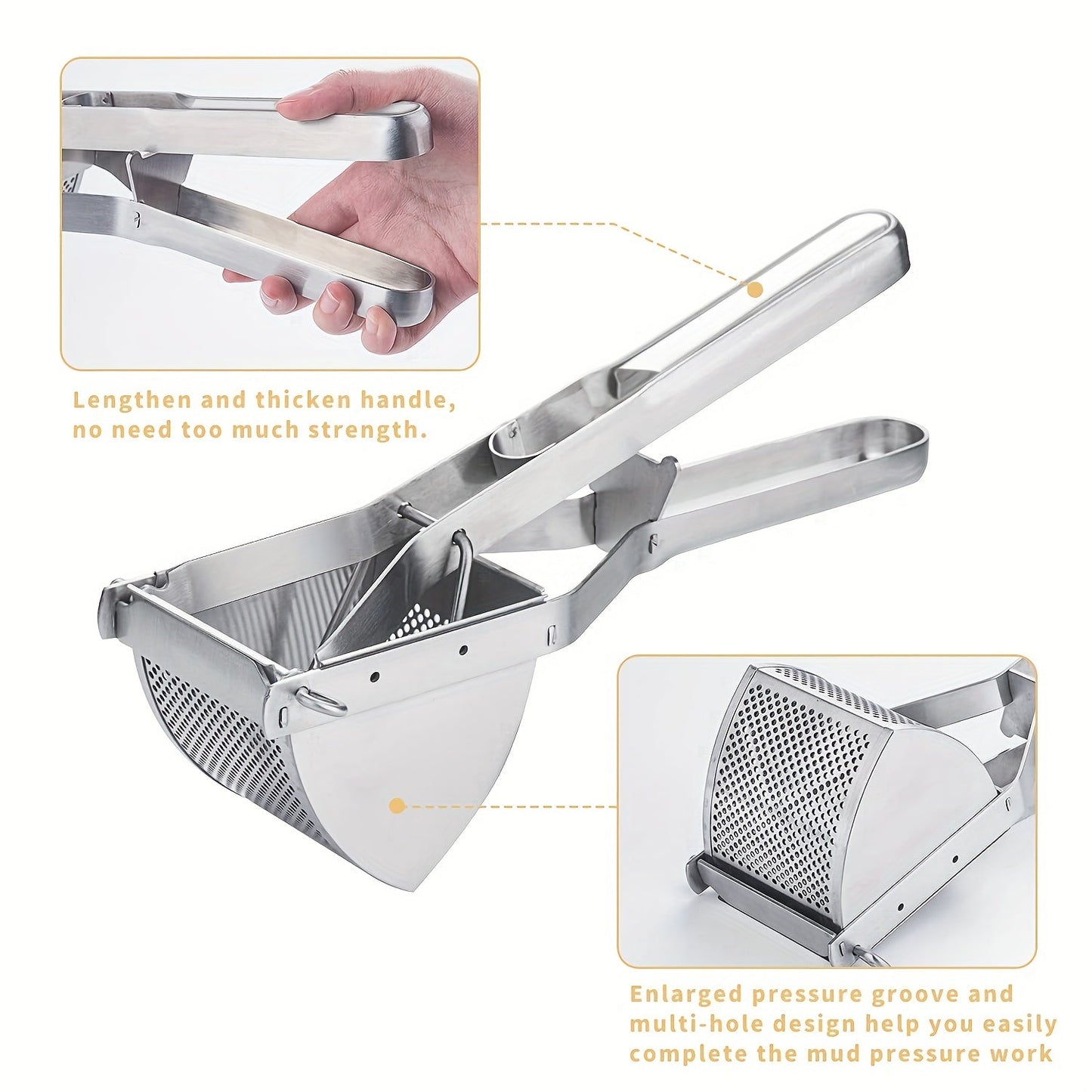 1 piece of Stainless Steel Potato Masher with Non-Slip Handle - Manual Fruit and Vegetable Crusher for the Kitchen - Potato Ricer and Press - Kitchen Gadgets and Tools