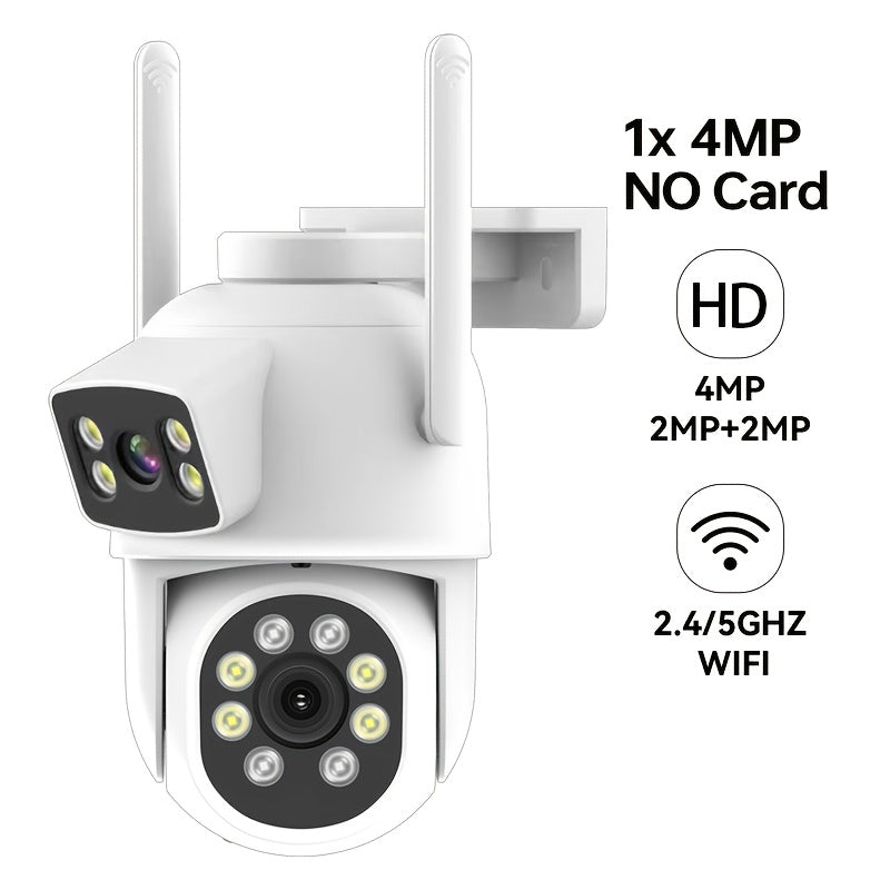 A single unit of a wireless PTZ security camera with dual lenses, featuring a 4MP resolution - 2MP fixed lens and 2MP rotating lens. Offers 1920p resolution and color night vision capabilities, along with two-way audio. IP65 waterproof and made of ABS