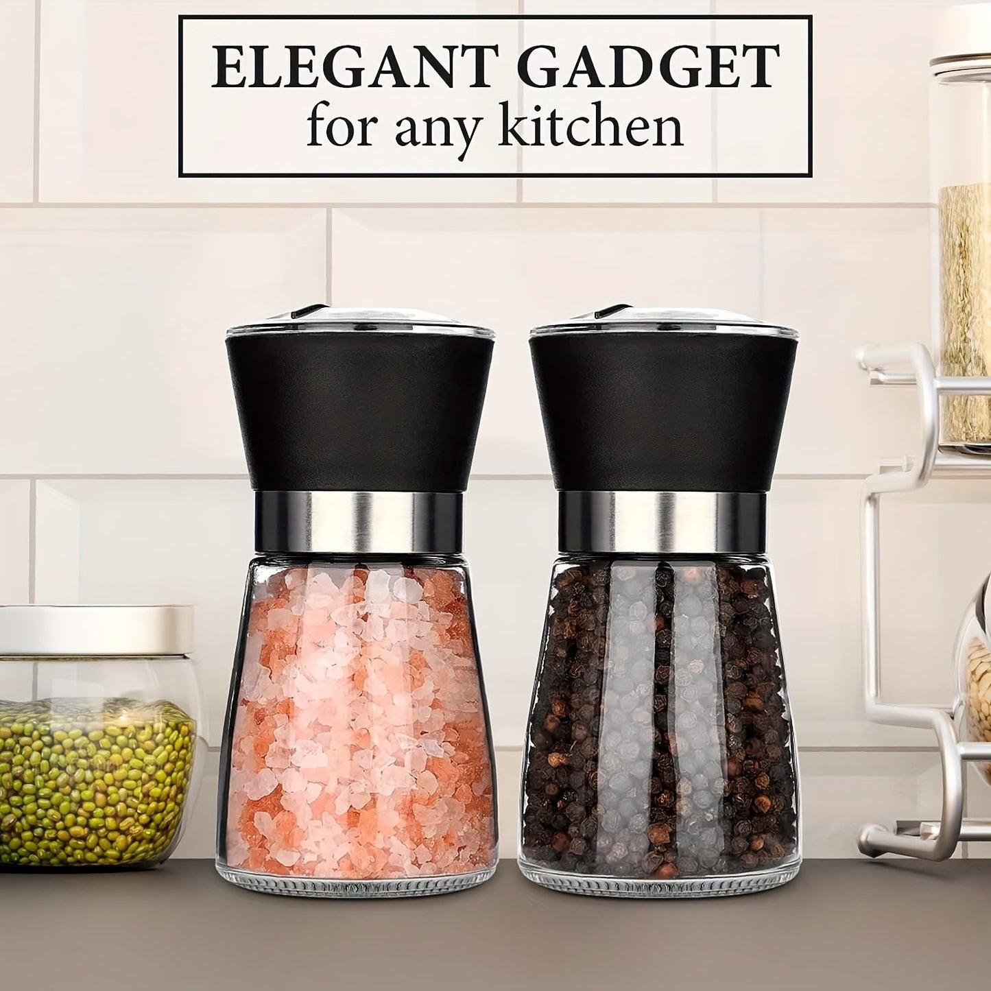 2 pieces of pepper grinder and household sea salt grinder made of glass. These manual spice grinders can also be used as a spice crusher and come in a reusable spice bottle for BBQ, picnic, camping, and everyday kitchen use. Perfect as Valentine's Day