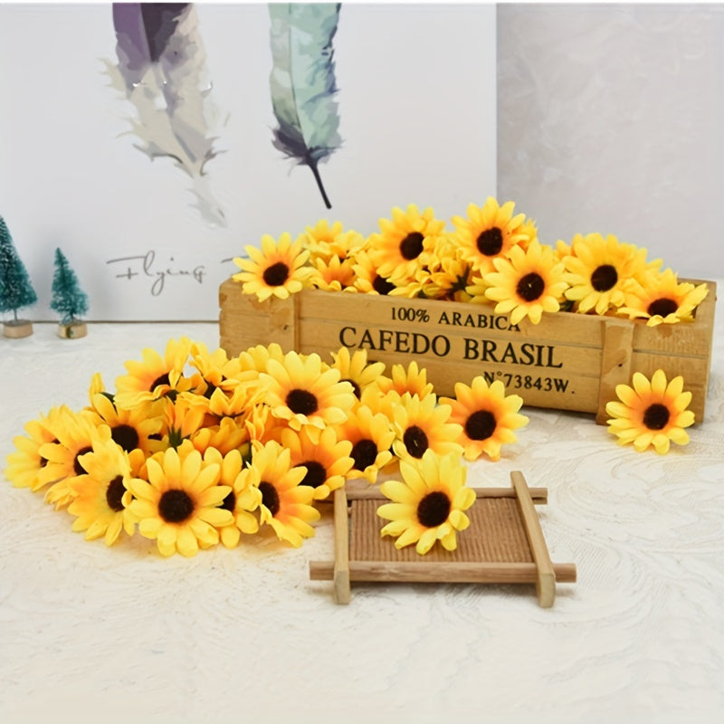 Pack of 100 artificial sunflower heads measuring 1.57 inches, ideal for holiday and indoor DIY decoration.