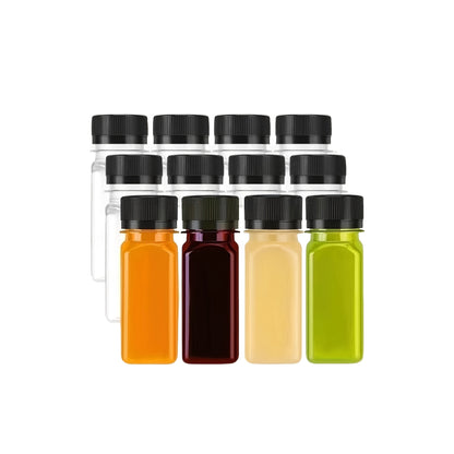 Leakproof 2oz mini shot bottles with screw caps made from food-grade plastic. Ideal for juice and wellness shots. Freezer safe and BPA-free.