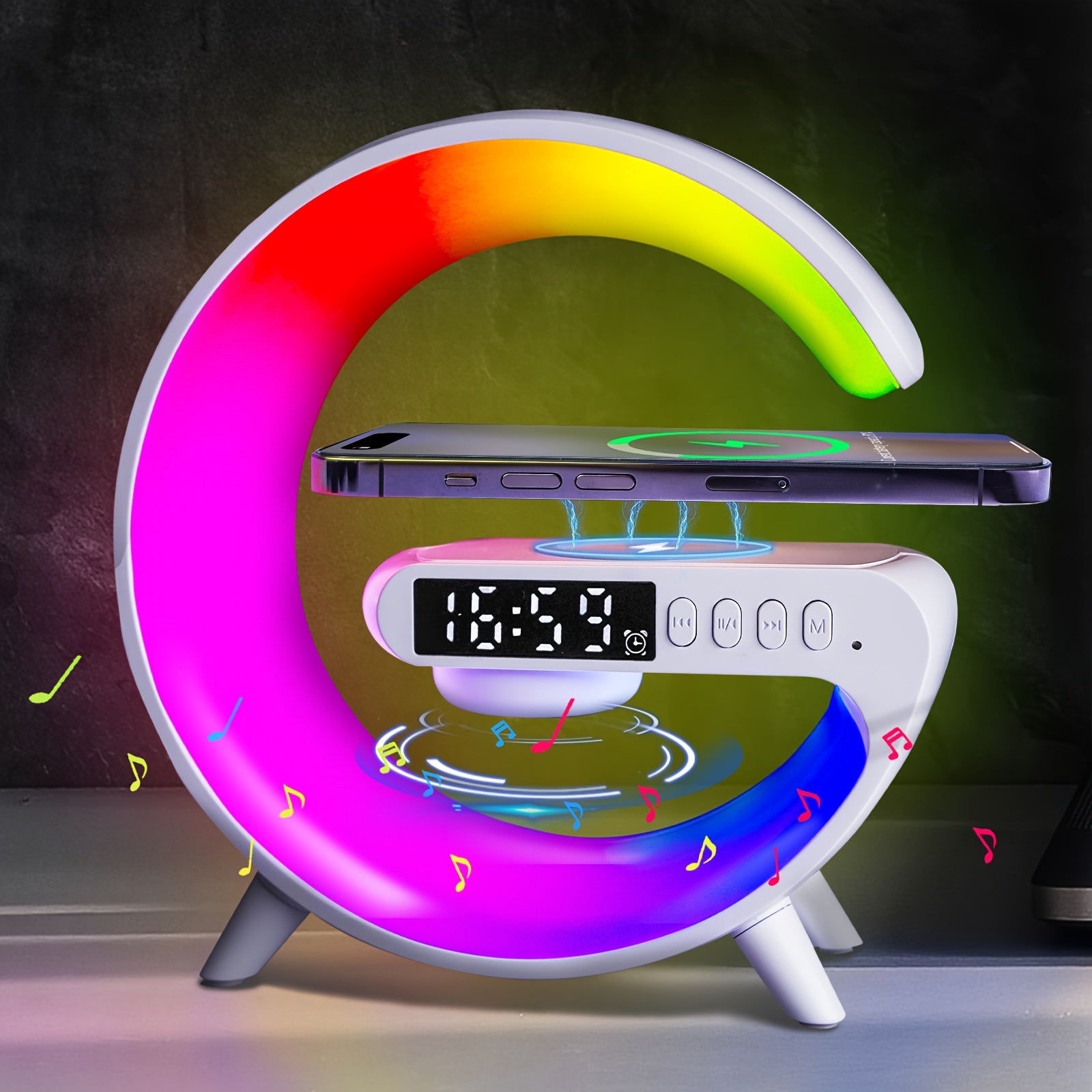 Introducing JELLOO 15w Wireless Speakers with Wireless Fast Charging, Dynamic RGB Light, Smart Bar Light, Sunrise Alarm Clock, and Dimmable Table Lamp featuring 10 light effects.