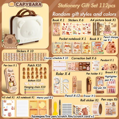 Capybara-themed stationery gift set with notebooks, pens, paper clips, and accessories in a tote bag for students, animal lovers, and student rewards.