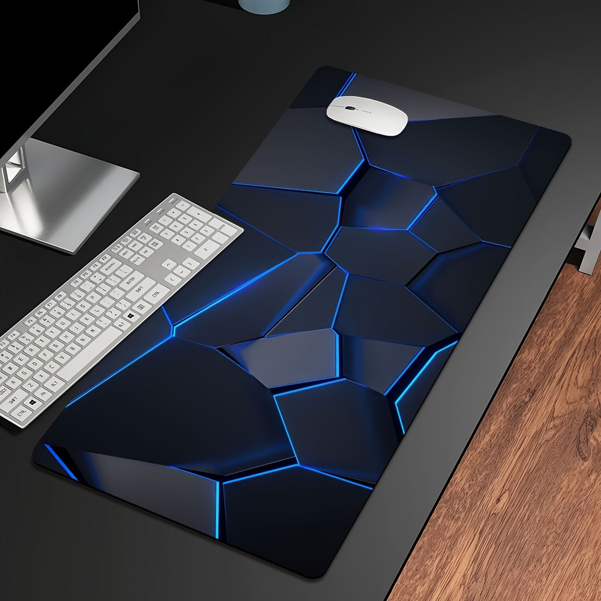 Stylish geometric gaming mouse pad with durable, waterproof, non-slip design. Ideal for gamers, offices, and study. Made of polyester material, no battery required.