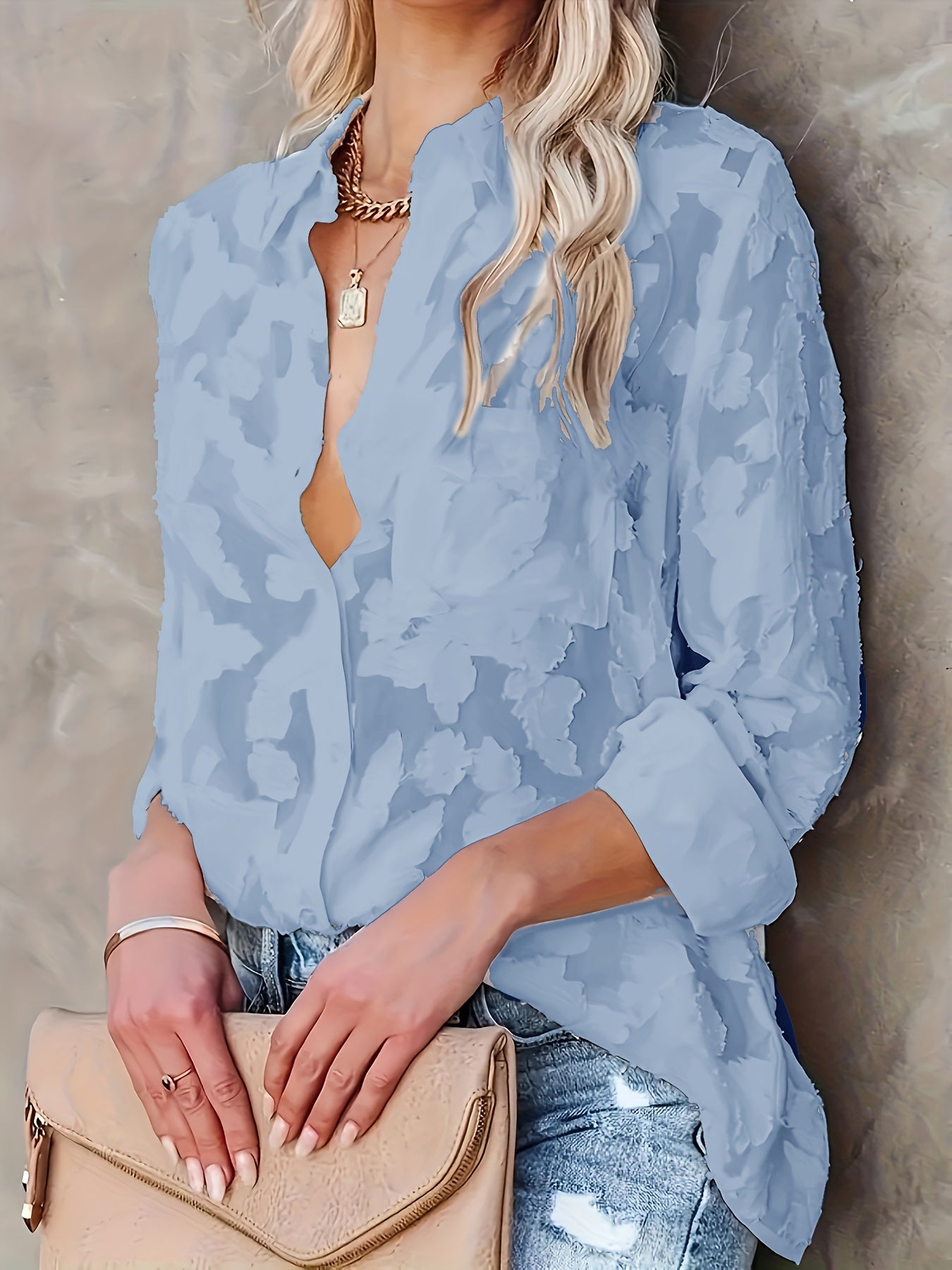 Jacquard sheer loose blouse with long sleeves, perfect for spring and fall.