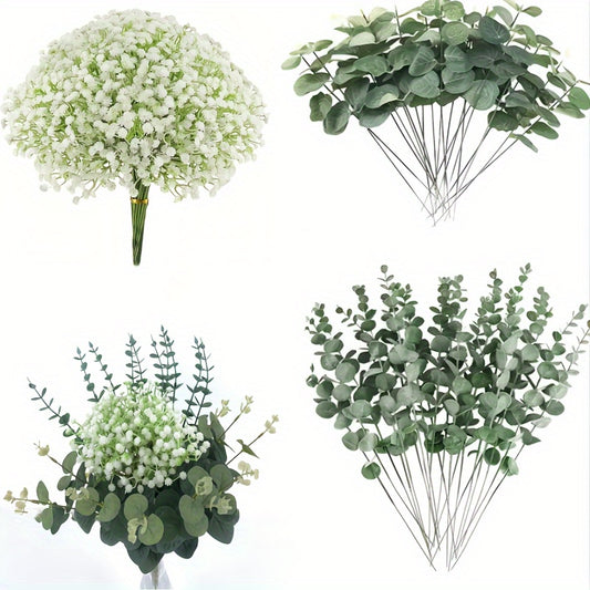 30/60 artificial 'S Breath flowers, faux eucalyptus stems and leaves, imitation 'S Breath flowers, fake silver dollar eucalyptus plant stems for weddings, vases, bouquets, floral and home decor.