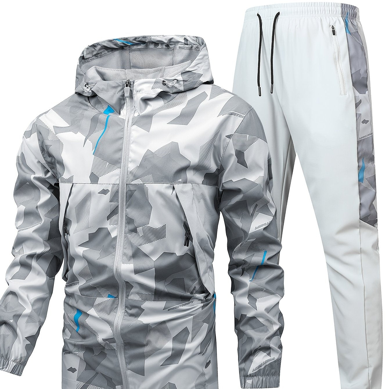 Men's Camo Windproof Athletic Set - All-Season Sports Hooded Jacket & Pants, Quick-Dry, Breathable, Reflective, Full-Zip Gym Suit with Slight Stretch, Polyester & Elastane, Outdoor Fitness